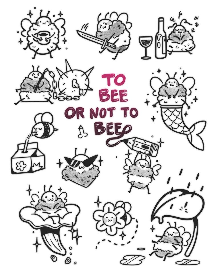 Lámina flash con once abejas ilustradas en situaciones distintas y el lema «to bee or not to bee» en tinta granate