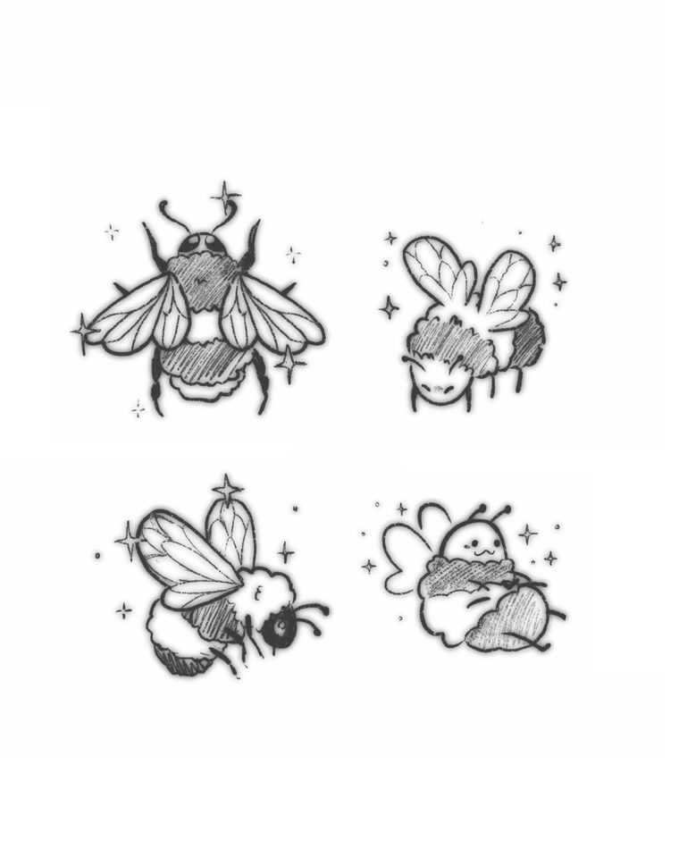 Lámina con cuatro abejas dibujadas con sombreado de rayas: un abejorro de frente, dos de perfil y una abeja redondeada