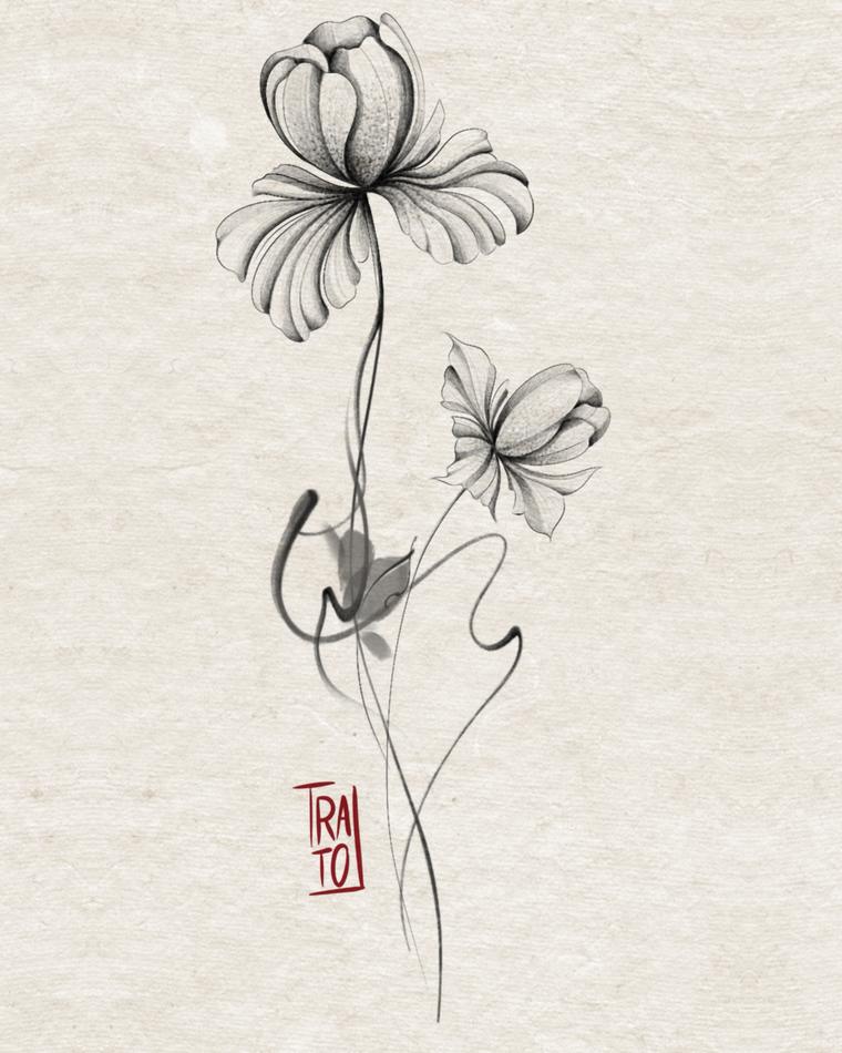 Tatuaje de dos amapolas de pétalos finos con tallos largos entrelazados
