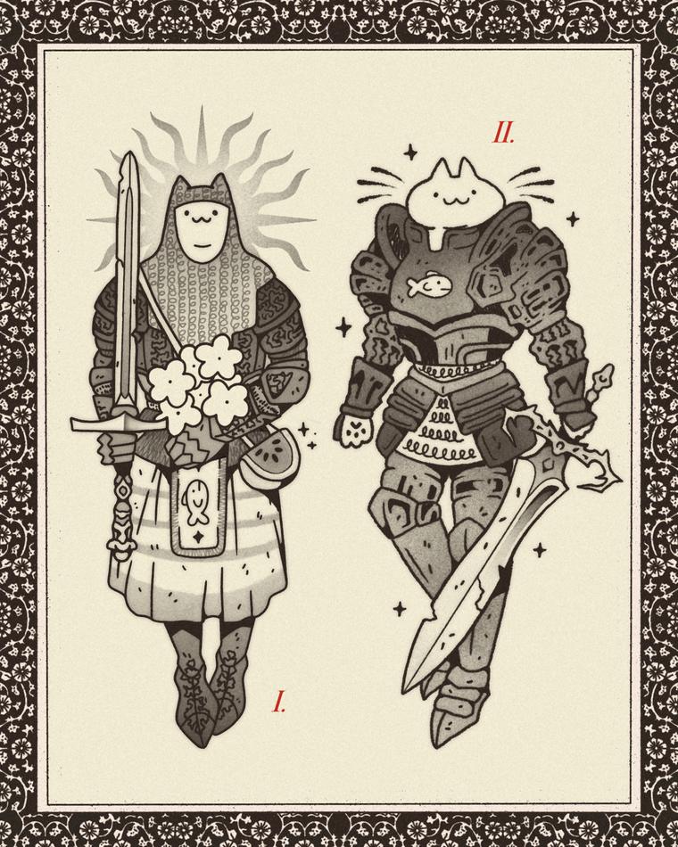 Lámina flash con dos caballeros gato en armadura, uno con ramo de flores y otro con espada, sobre papel enmarcado