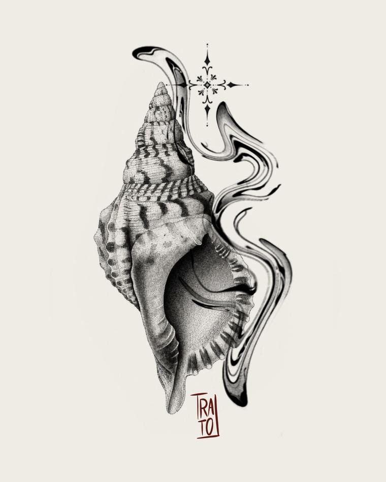 Tatuaje puntillista de caracola marina con humo abstracto y adorno de estrella