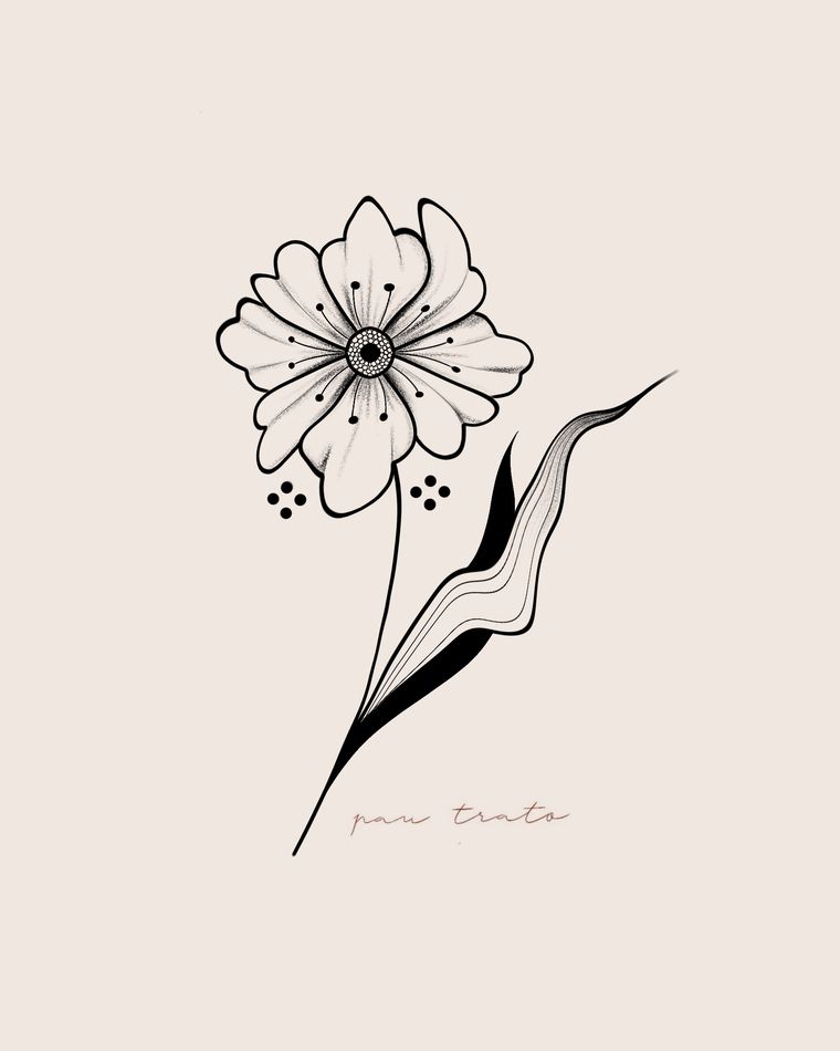 Tatuaje botánico de flor de cosmos con hoja ondulada