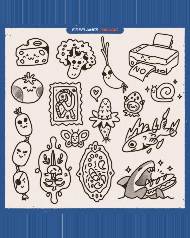 Lámina flash con quince dibujos pequeños en línea fina: queso, brócoli, tomate, pescado, caracol, mariposa y un tiburón