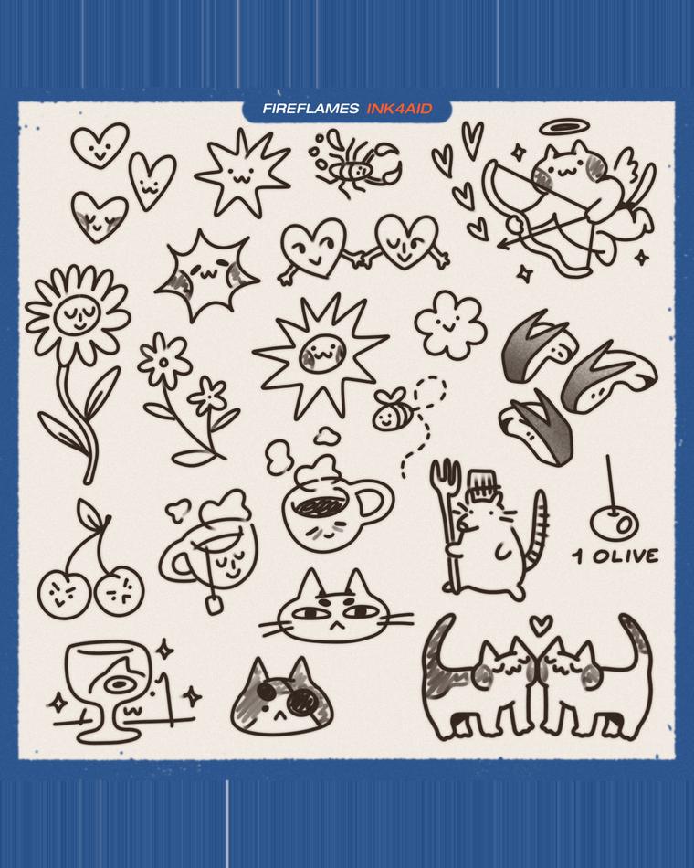 Lámina flash con veinte dibujos pequeños en línea fina: corazones, soles, flores, gatos, cerezas y una taza de café