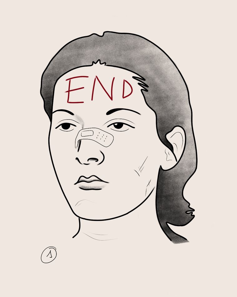 Tatuaje ilustrativo de rostro con la palabra END en la frente y pelo sombreado