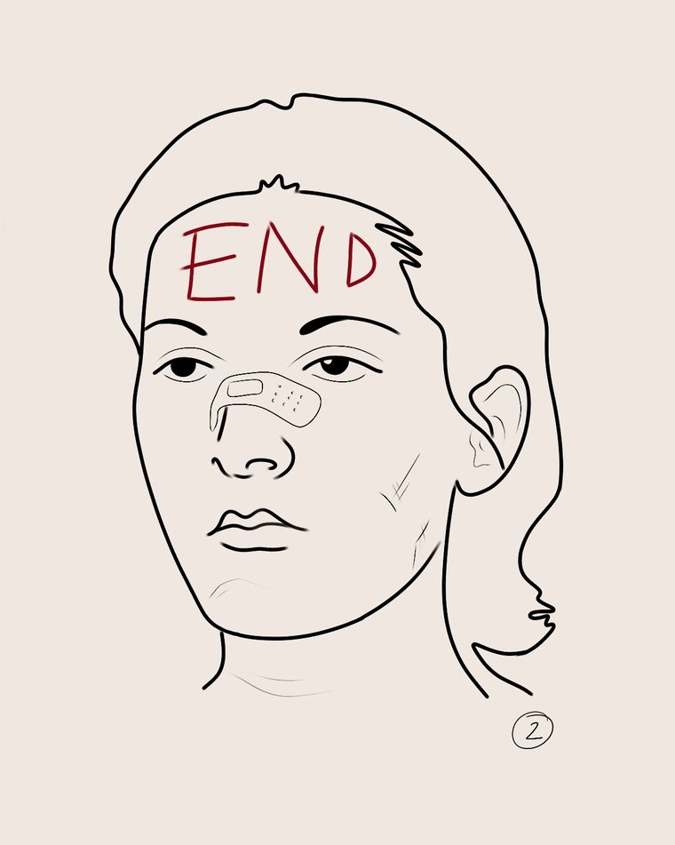 Tatuaje ilustrativo de rostro a línea con la palabra END en la frente