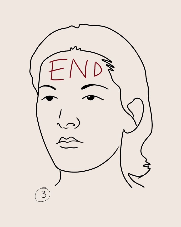 Tatuaje ilustrativo de rostro a línea fina con la palabra END en la frente