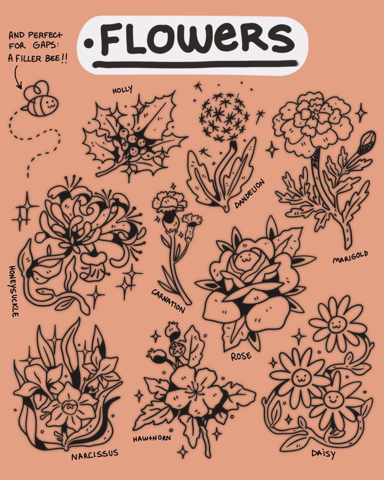 Lámina flash con nueve flores botánicas en línea negra sobre fondo salmón: acebo, diente de león, clavel, madreselva, rosa, caléndula, narciso, espino y margaritas