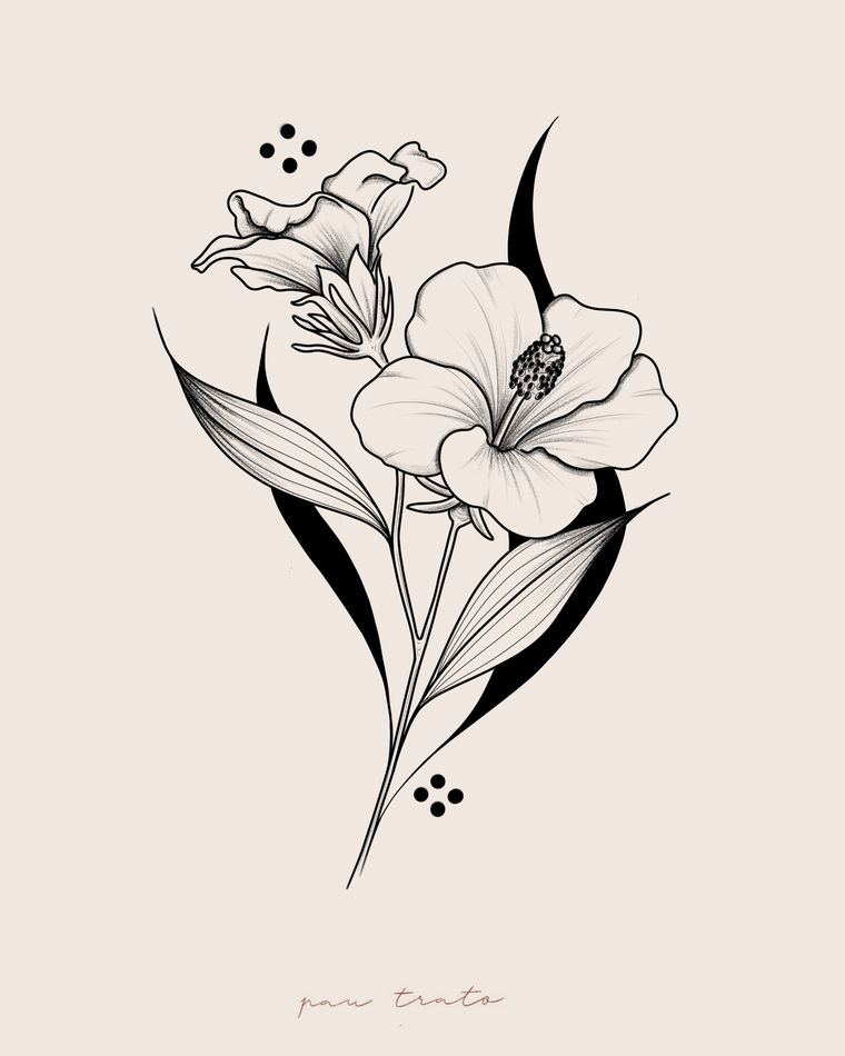 Tatuaje botánico de hibisco y lirio con sombreado y hojas en negro sólido