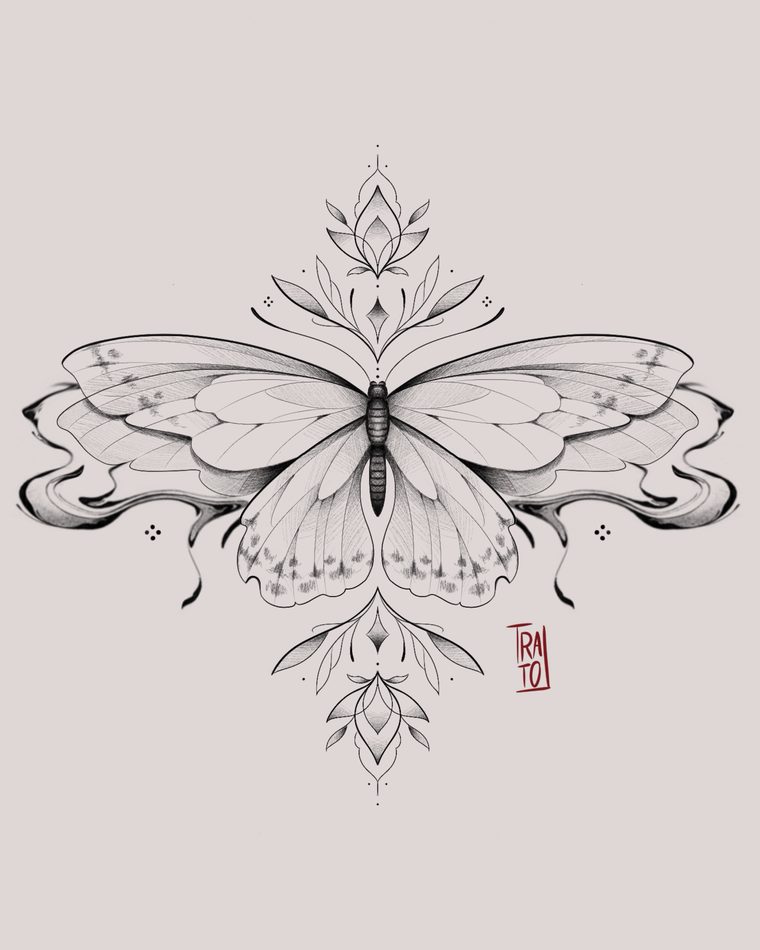 Tatuaje de mariposa simétrica con ornamentos florales fineline arriba y abajo