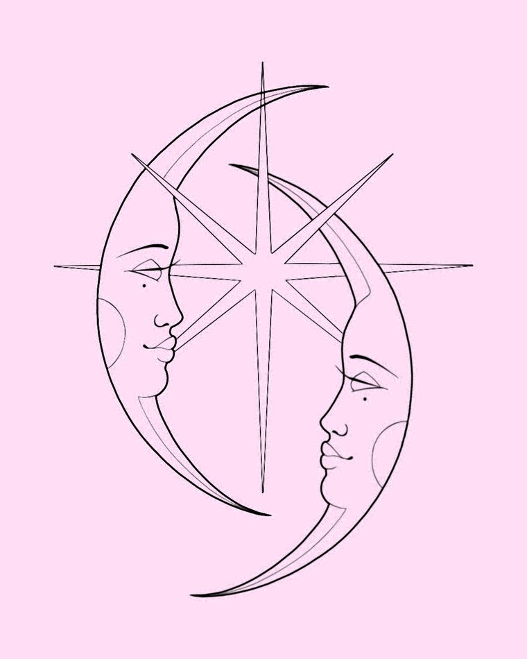 Tatuaje de dos lunas crecientes con rostro y estrella de ocho puntas