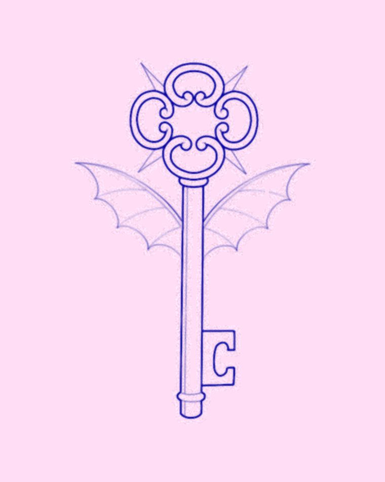 Tatuaje de llave antigua con alas de murciélago