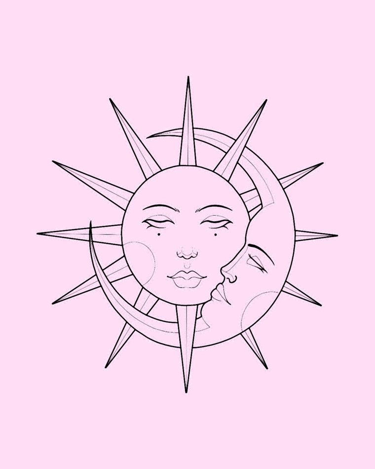 Tatuaje de sol con rostro y luna creciente entrelazados