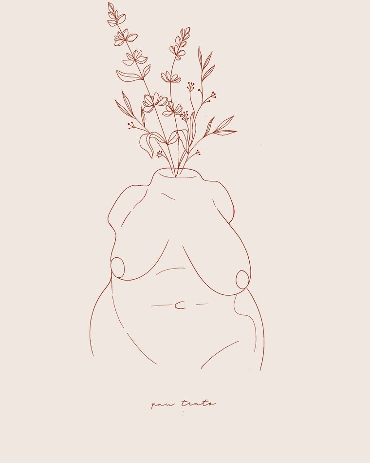 Tatuaje fineline de torso femenino con ramo de flores silvestres, en tinta roja