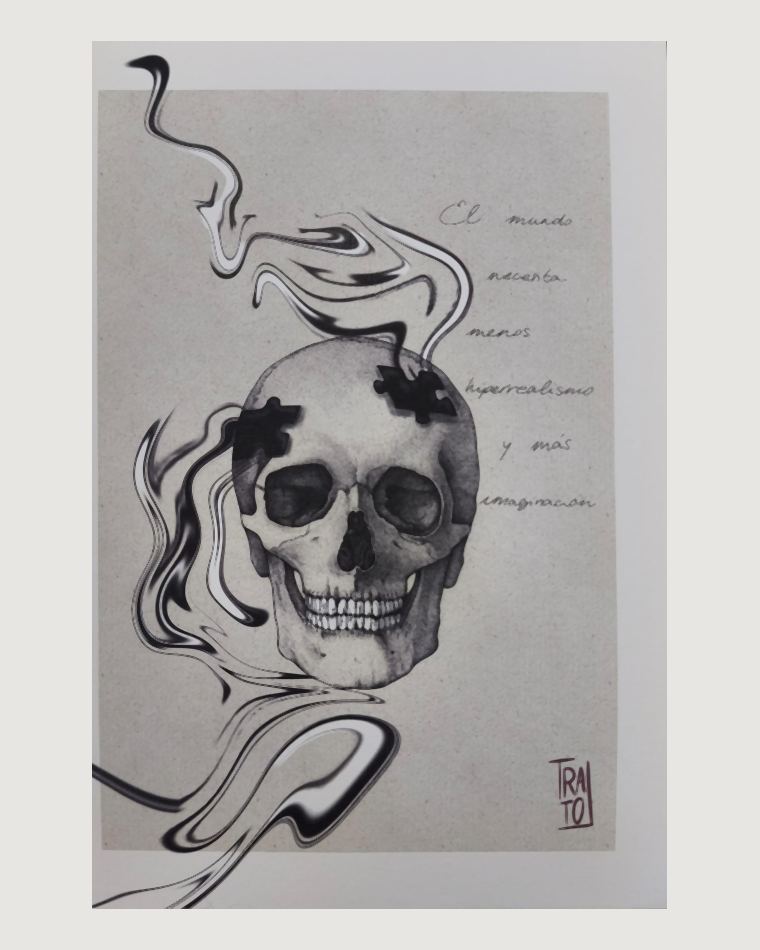 Ilustración de una calavera con piezas de puzzle y la frase «El mundo necesita menos hiperrealismo y más imaginación»