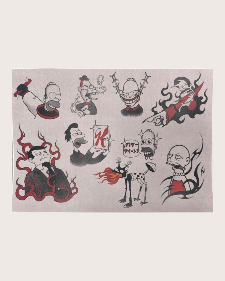 Lámina flash con diez diseños de tatuaje inspirados en Los Simpson, en negro y rojo