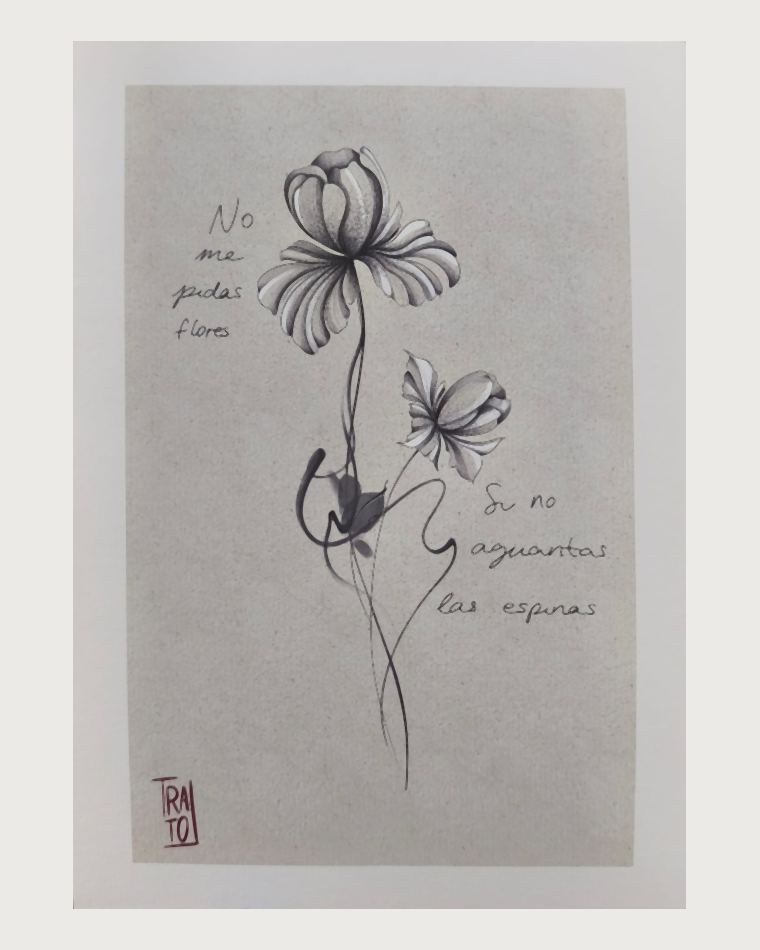 Ilustración de dos flores con la frase «No me pidas flores si no aguantas las espinas»