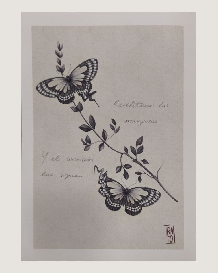 Ilustración de dos mariposas sobre una rama con la frase «Revolotean las mariposas y el corazón las sigue»