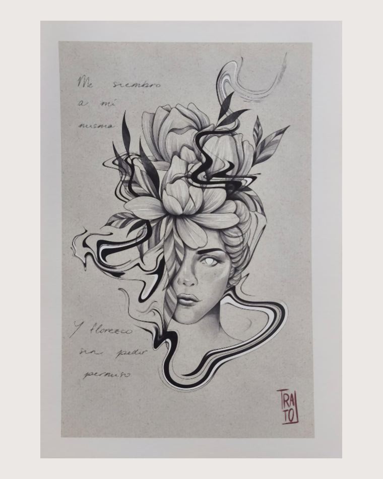 Ilustración de un rostro femenino coronado de flores con la frase «Me siembro a mí misma y florezco sin pedir permiso»