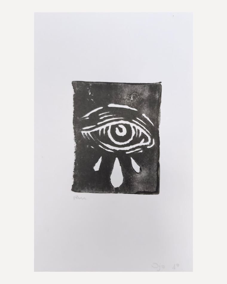 Linograbado original de un ojo llorando, impreso a mano en tinta negra sobre papel
