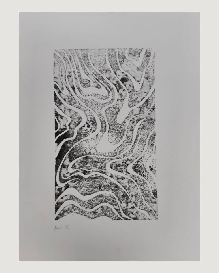 Linograbado abstracto de ondas y vetas en tinta negra, segunda estampación numerada