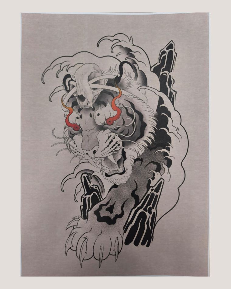 Ilustración estilo japonés de un tigre con máscara de calavera entre nubes y rocas