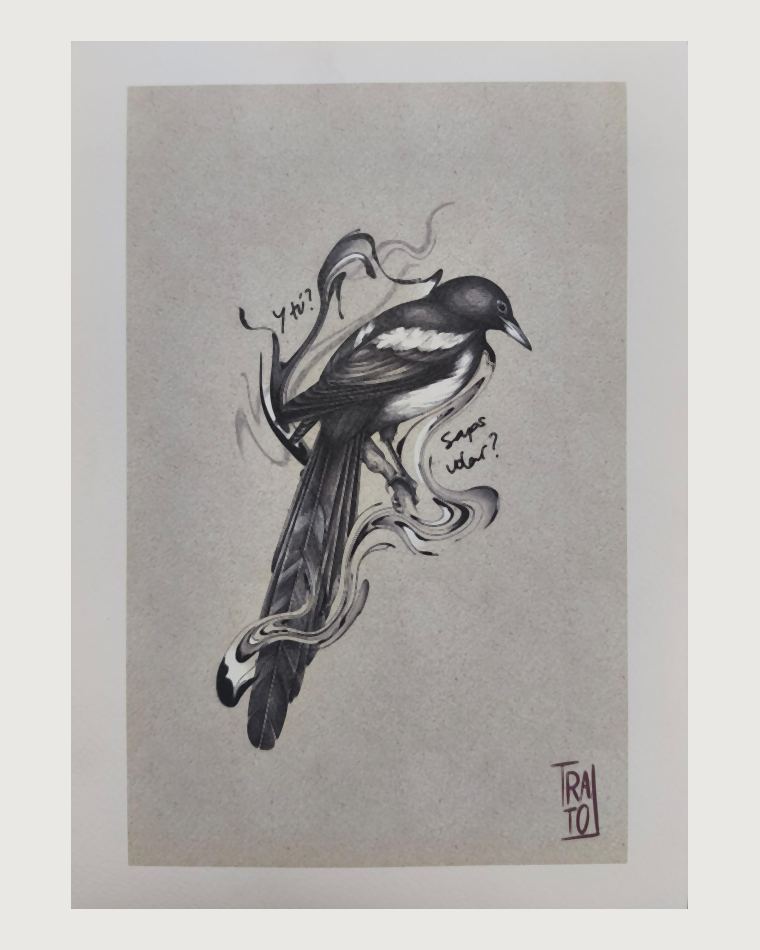 Ilustración de una urraca posada entre humo, con la frase «¿Y tú? ¿Sabes volar?»
